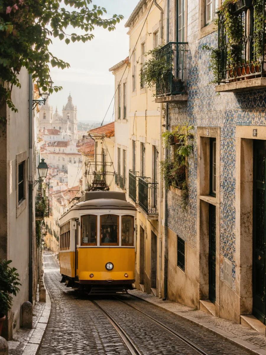Tranvía 28 amarillo en una calle empedrada de Alfama, Lisboa