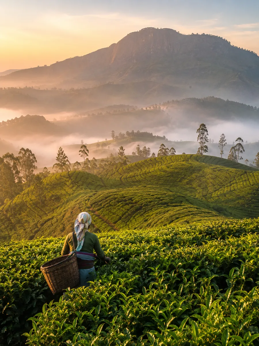 Recolectoras de té entre plantaciones verdes de la región montañosa de Sri Lanka