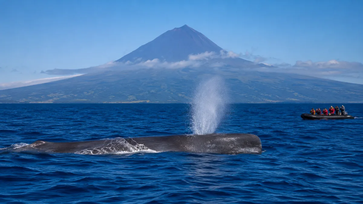 Un cachalote soplando en mar abierto con la silueta volcánica de la isla de Pico al fondo y un pequeño barco zódiac a distancia respetuosa, Azores