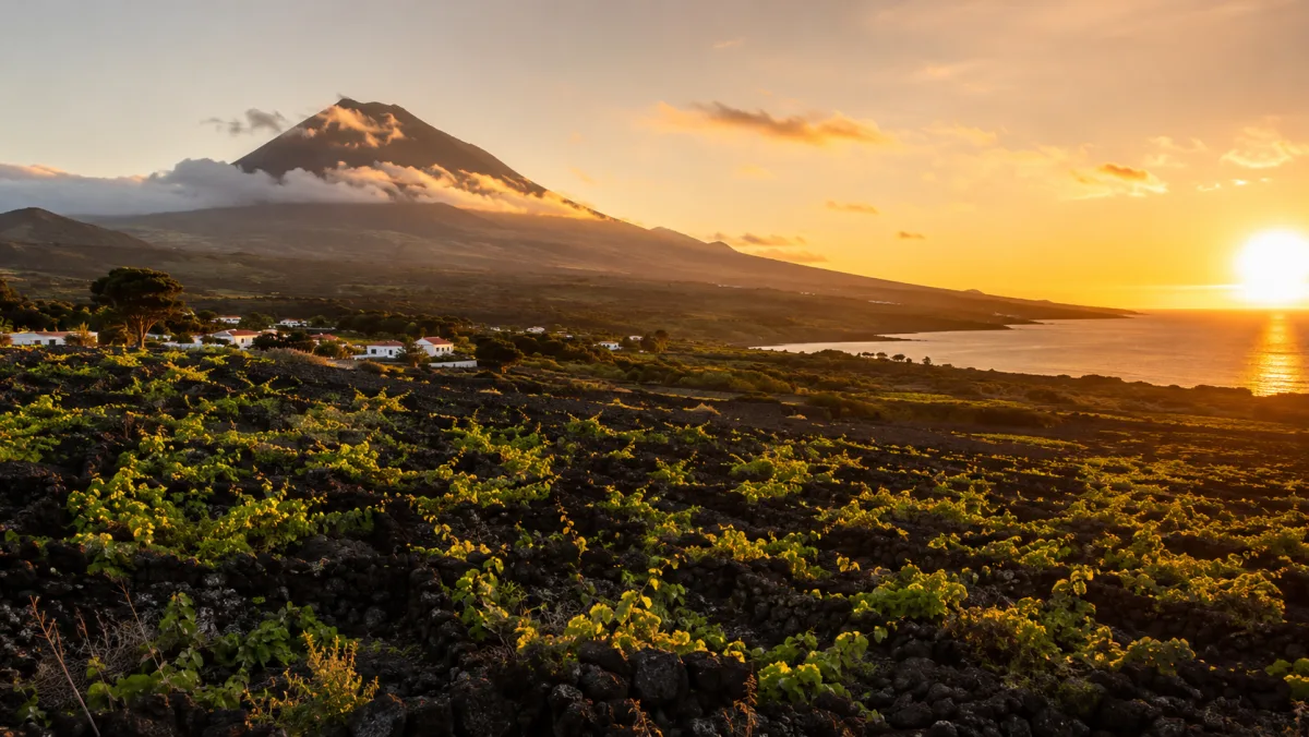 Viñedos de piedra negra volcánica en la isla de Pico con el volcán entre nubes al fondo y el Atlántico brillando a la derecha en un atardecer dorado, Azores