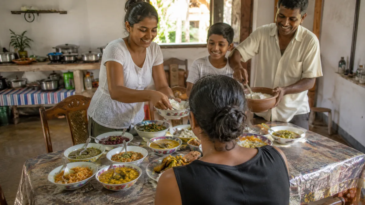 Familia cingalesa sirviendo un rice and curry casero con muchos platitos de colores en la mesa de un homestay, con una viajera de espaldas sentada a la mesa