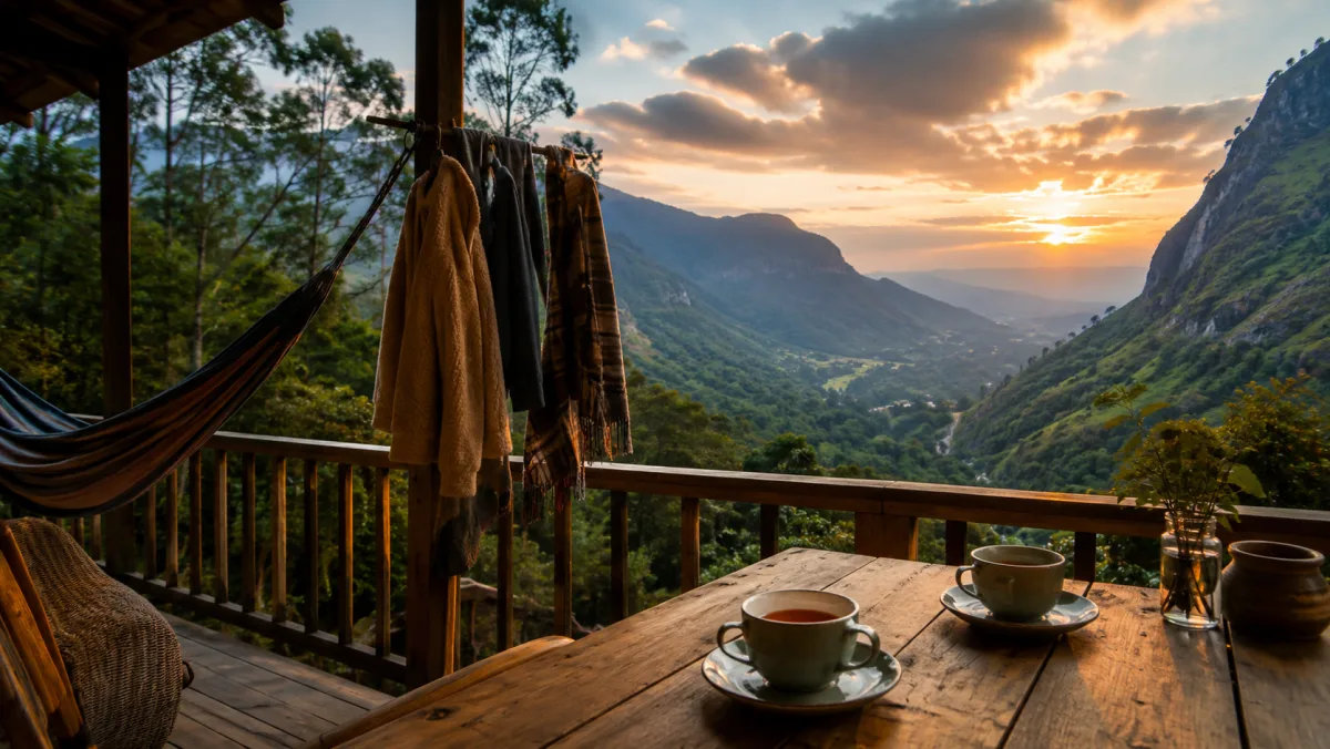 Terraza de madera de un homestay en Ella al atardecer con dos tazas de té, una hamaca y ropa de abrigo colgada, sobre un valle verde entre montañas, Sri Lanka