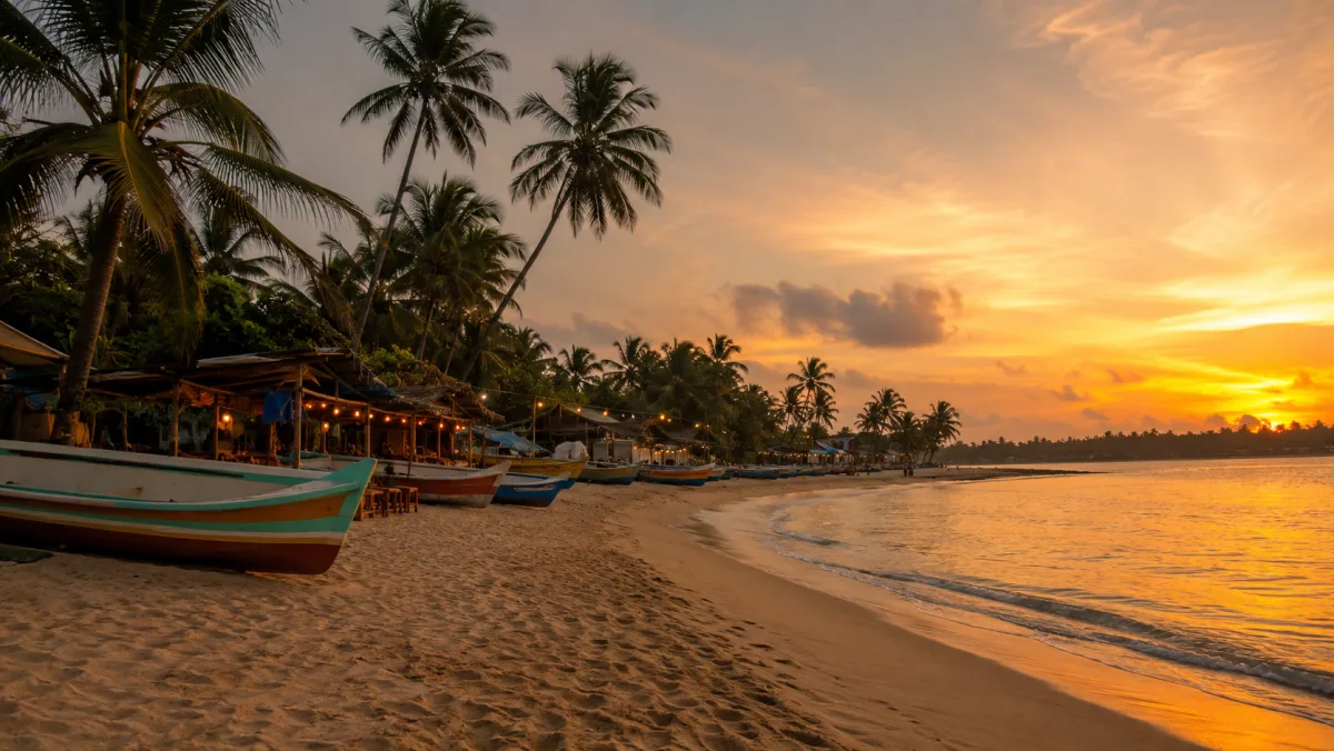 Playa en media luna de Mirissa al atardecer con barcas de pescadores de colores varadas, palmeras inclinadas y chiringuitos de madera con luces cálidas, sur de Sri Lanka