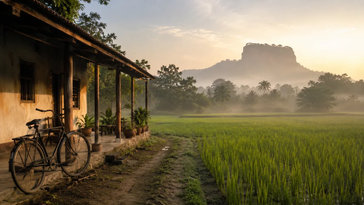 Homestay sencillo junto a un arrozal verde al amanecer con la roca de Sigiriya recortada entre la bruma al fondo y una bicicleta apoyada en el porche, Sri Lanka