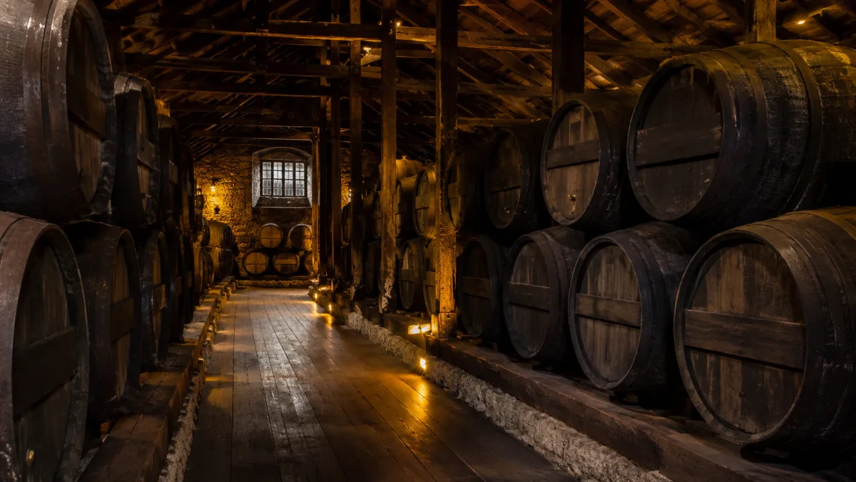 Interior histórico de una bodega de vino de Madeira: dos hileras de viejos toneles de madera oscura a lo largo de una nave con luz cálida y suelo de madera