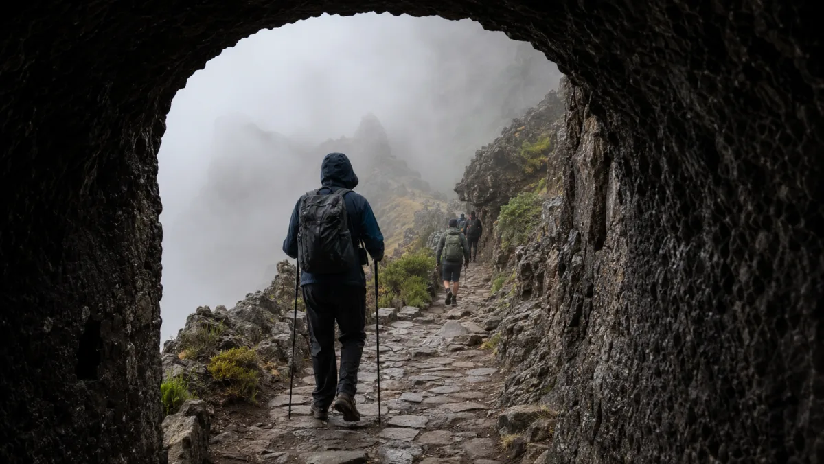 Senderistas de espaldas saliendo de un túnel de roca volcánica hacia un sendero de montaña rodeado de niebla densa en el PR1 de Madeira