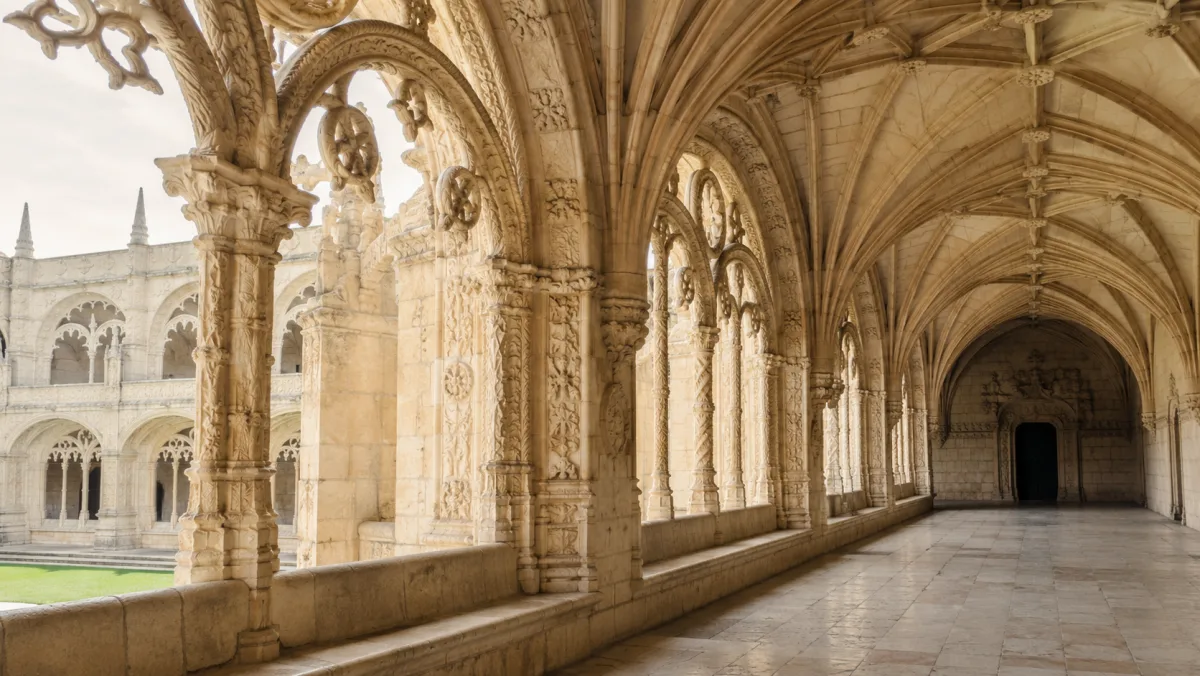 Arcos y bóvedas de piedra caliza labrada del claustro manuelino del Mosteiro dos Jerónimos, con su encaje pétreo iluminado por luz suave