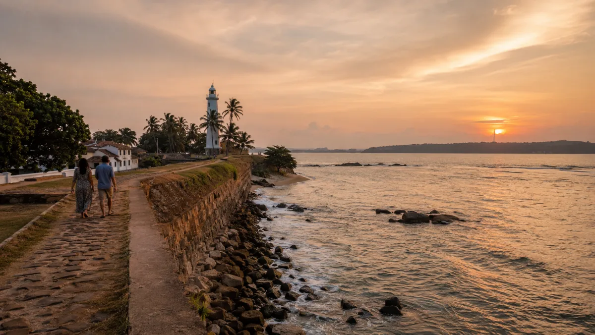 Pareja paseando por la muralla del fuerte holandés de Galle al atardecer, con el faro blanco y el mar al fondo, sur de Sri Lanka