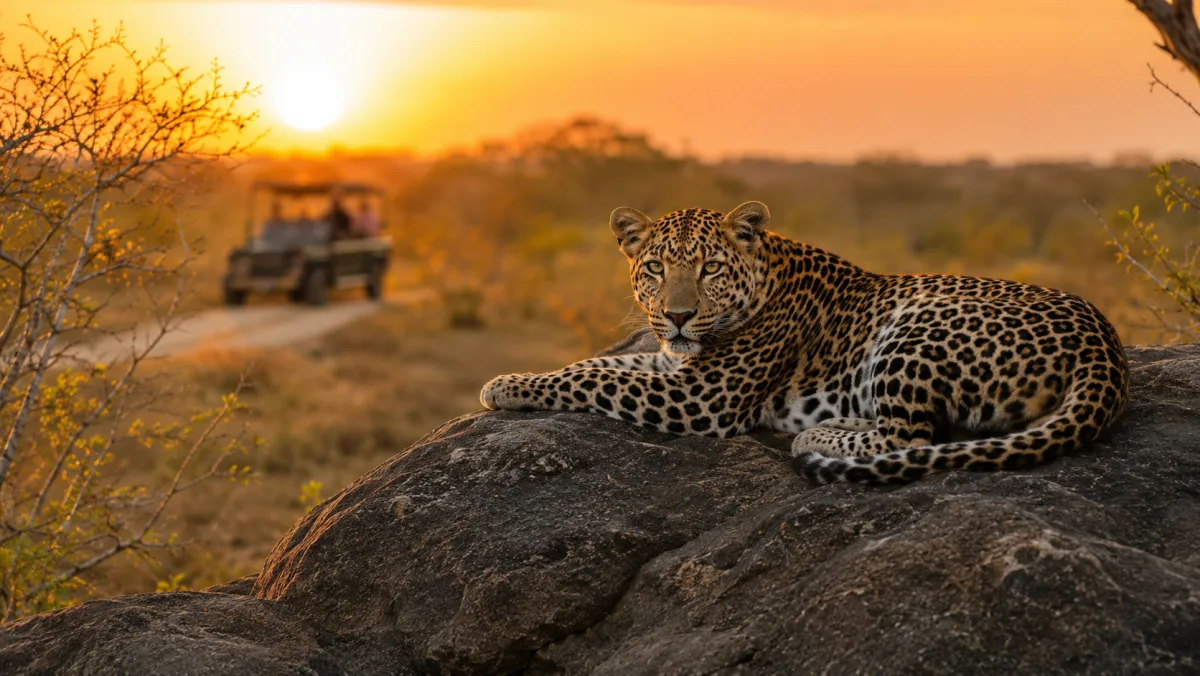 Leopardo de Sri Lanka tumbado sobre una roca al atardecer con un jeep de safari desenfocado al fondo, Parque Nacional de Yala