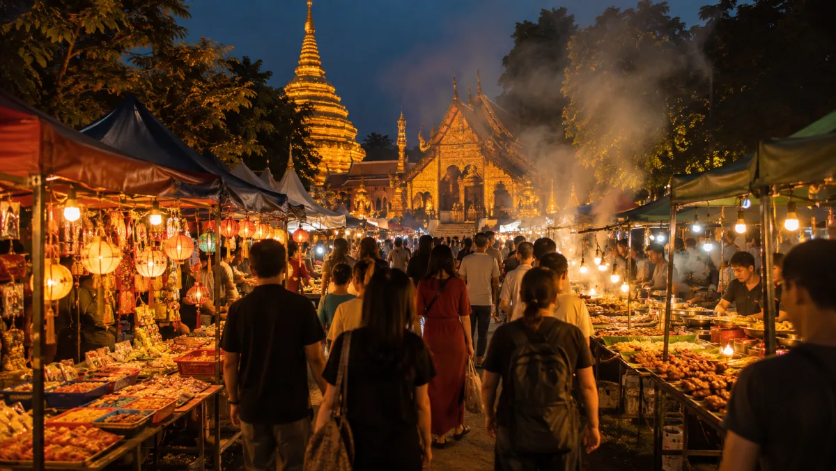 Templo de estilo Lanna y ambiente de mercado nocturno en Chiang Mai, en el norte de Tailandia