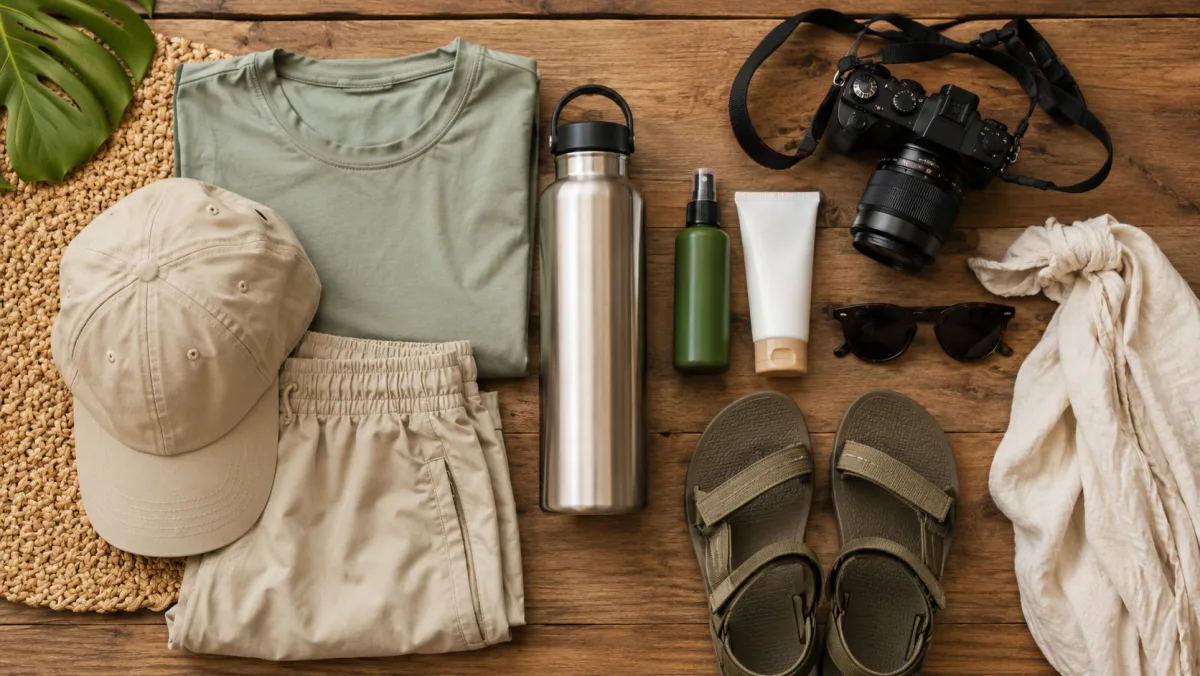 Vista cenital sobre una mesa de madera con lo que llevar a la excursión: ropa cómoda de secado rápido, gorra, repelente, protección solar, gafas de sol, cámara, sandalias y botella de agua reutilizable
