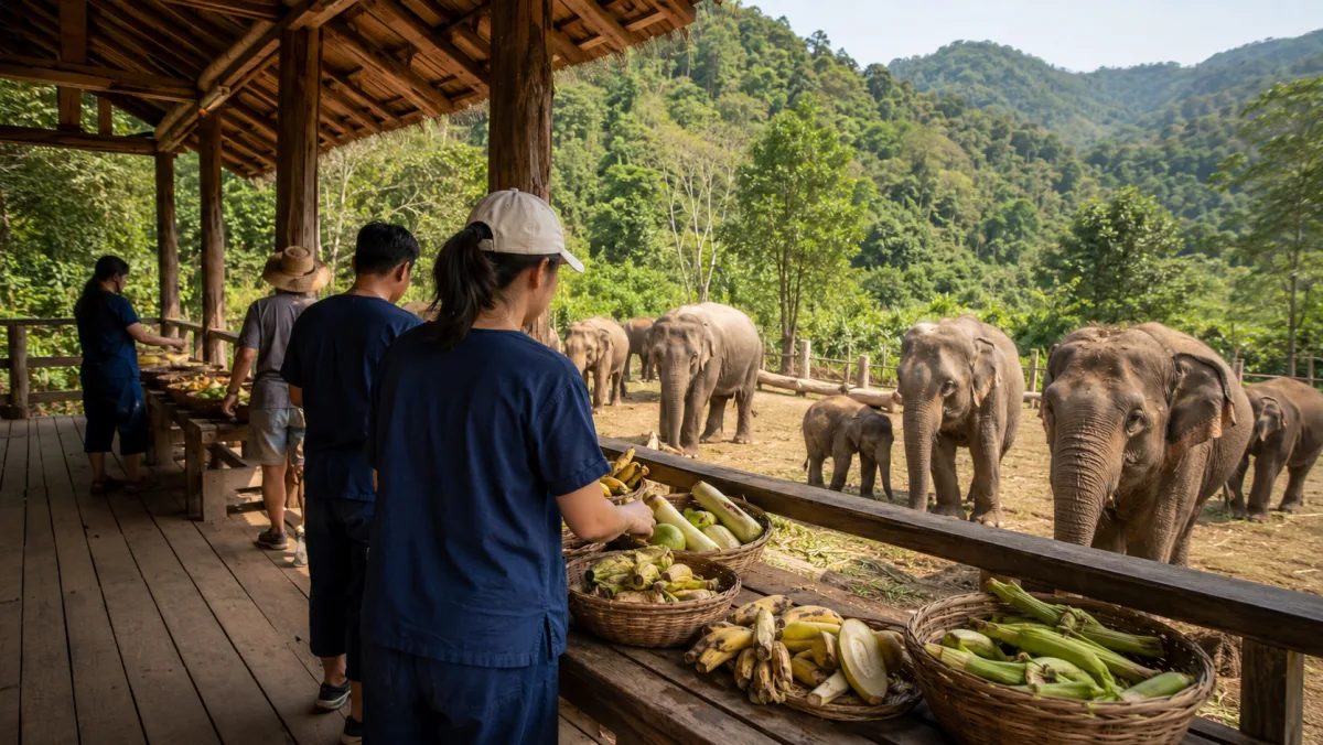 Plataforma de madera de un santuario ético de elefantes cerca de Chiang Mai, con voluntarios de espaldas preparando cestas de fruta y verdura mientras los elefantes se acercan, selva y montañas al fondo