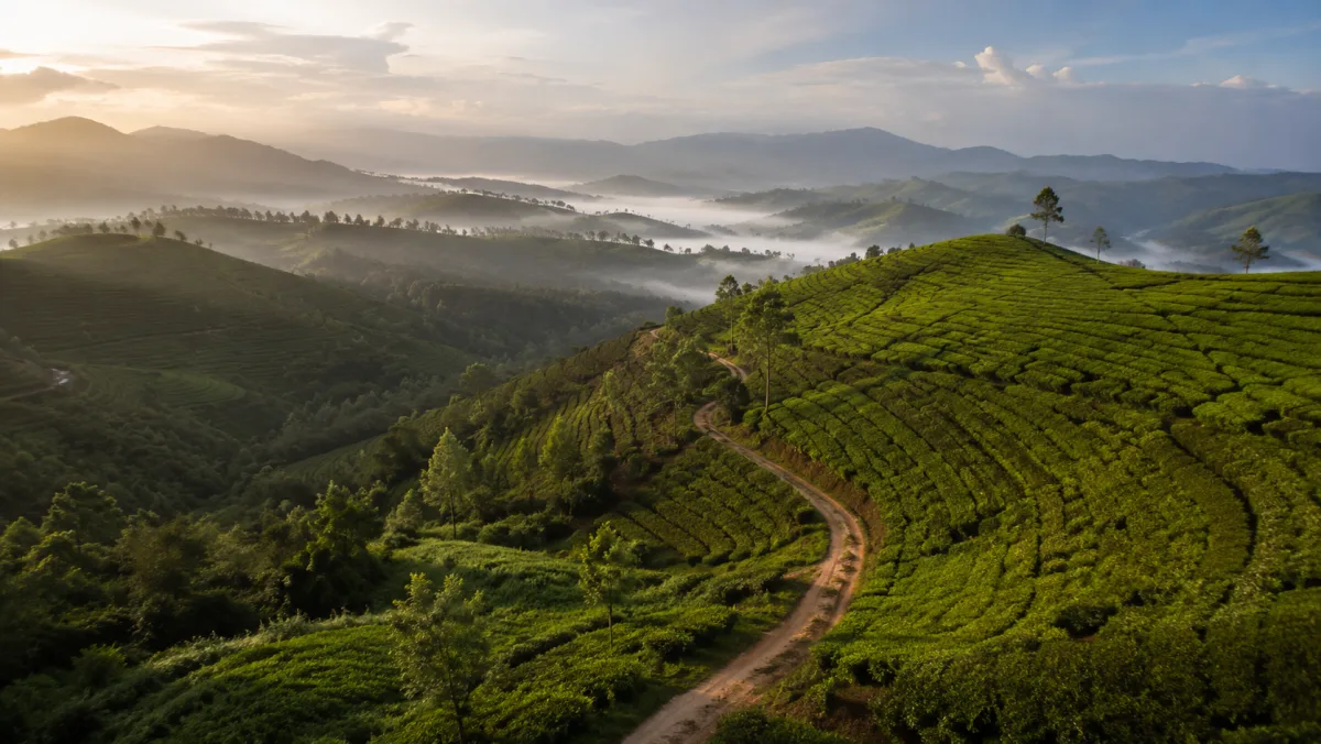 Colinas onduladas de plantaciones de té con un camino de tierra serpenteante y niebla de mañana entre las lomas, montañas de Sri Lanka
