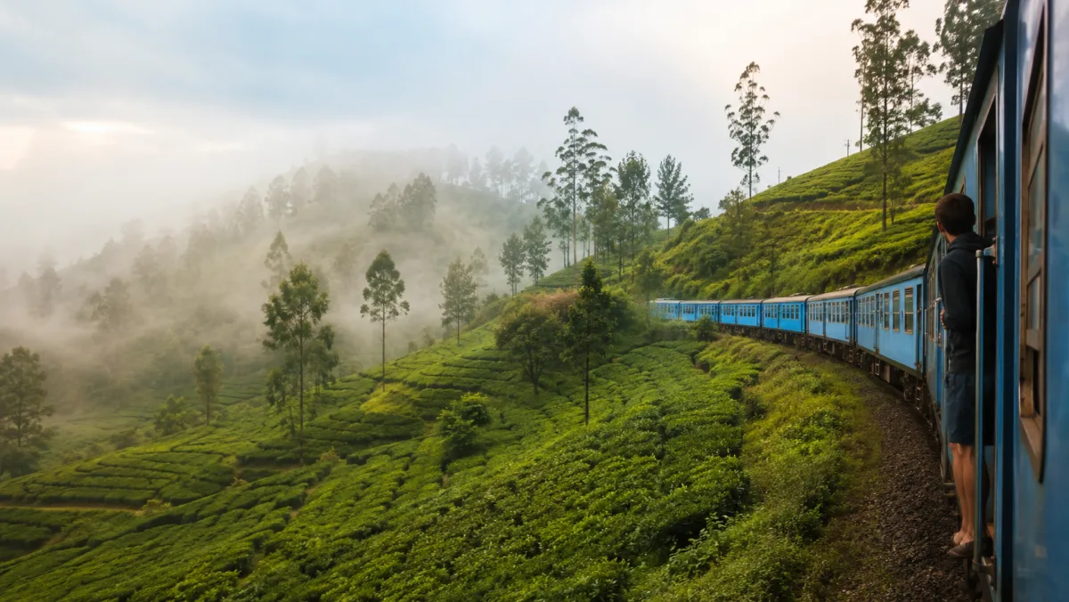 Tren azul serpenteando por la ladera de una colina de plantaciones de té con niebla entre las lomas y un viajero asomado a la puerta, Sri Lanka
