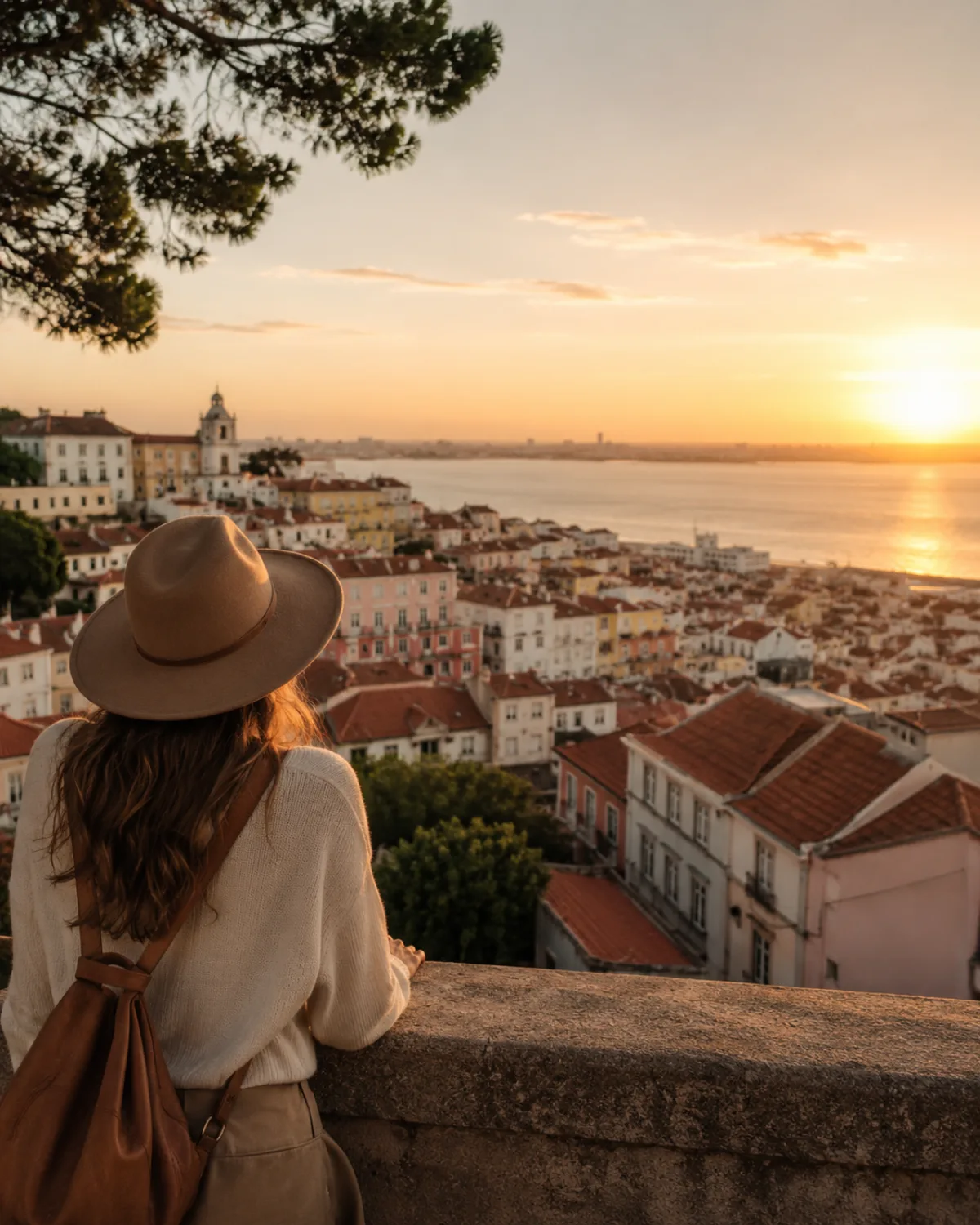 Viajera con sombrero contemplando los tejados de Alfama y el río Tajo al atardecer, en Lisboa